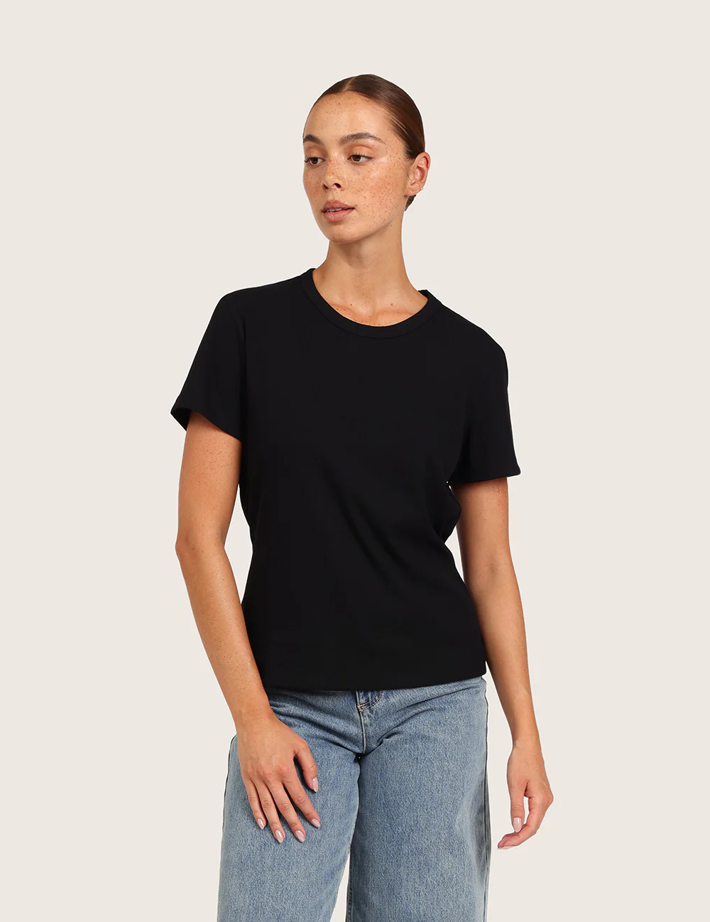 Ribbad T-shirt med Rund Hals