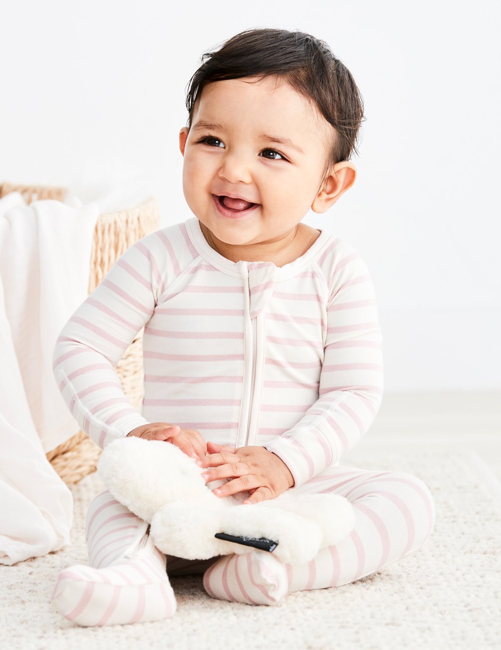 Baby Stripe Long Sleeve Onesie Chalk/Rose - Boody Baby