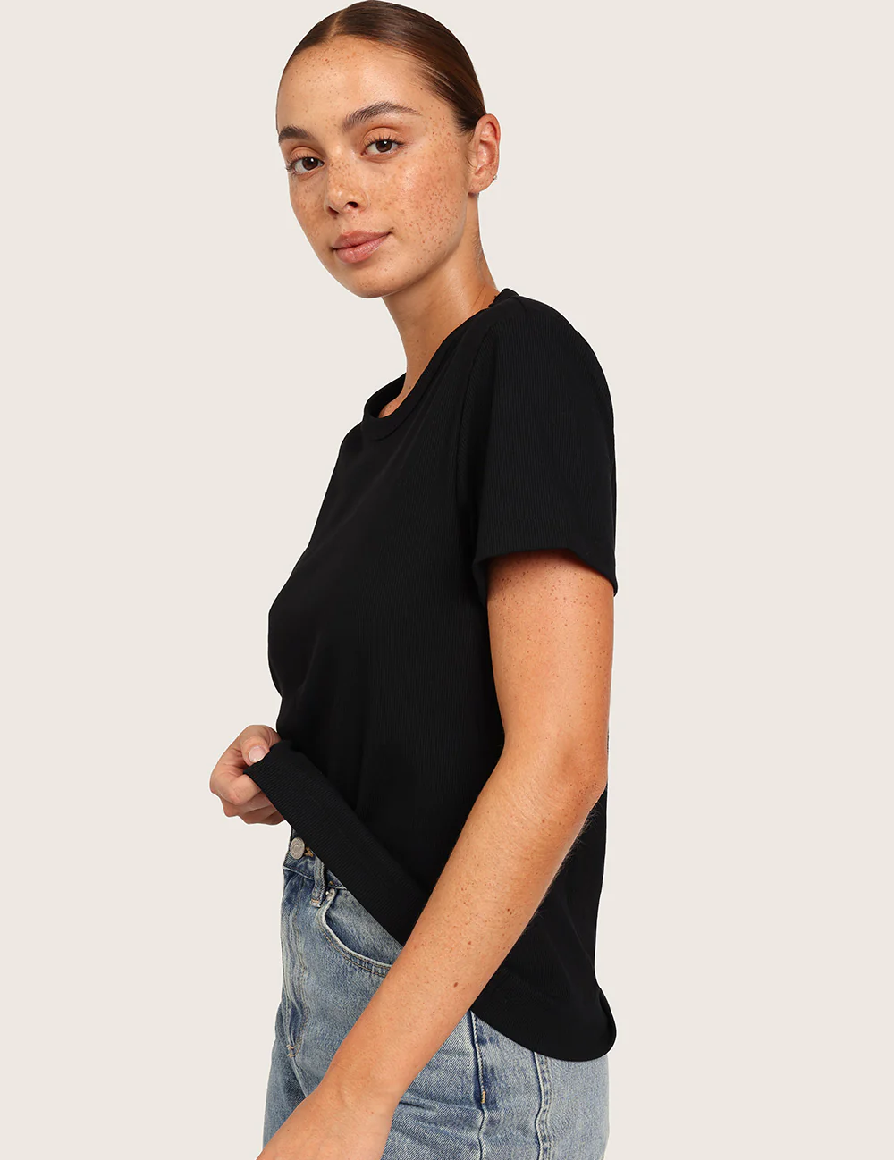 Ribbad T-shirt med Rund Hals
